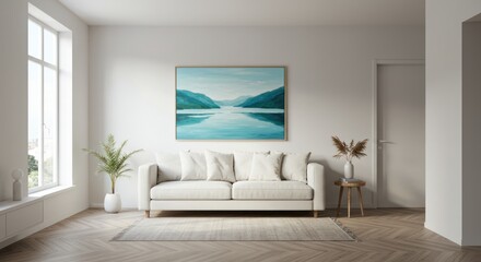 Fototapeta premium Minimalist living room with sofa artwork window plant and neutral color palette.