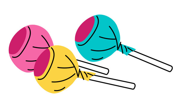 Colorful chupa chups, lollipop in a package. The flat color illustration shows a group of candies on sticks. Closed. Vector illustration. Bright yellow, pink, blue. Sweets of the 90s, 2000s. Retro