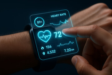 Futuristic Smartwatch with Holographic Touch Screen Displaying Heart Rate Fitness Tracking and Health Metrics for Exercise and Wellness Monitoring in Modern Wearable Technology Lifestyle