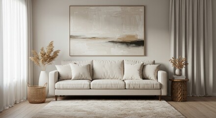Fototapeta premium Bright living room with sofa painting curtains and decor in neutral tones.