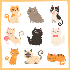 Hand drawn Cute Cartoon Cats Character Illustration collection