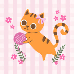 Hand drawn Coquette bow Cute Cat Playing with a Yarn Ball Illustration