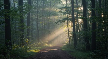 Obraz premium Sunlight shines through trees in a forest creating a misty and ethereal scene.
