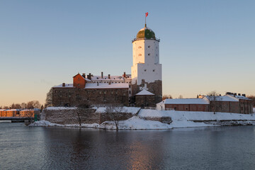 Morning November landscape with the ancient Vyborg Castle. Historical center of Vyborg. Leningrad...