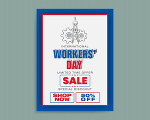 Holidays, design background with texts, gear mechanism and compass for International Workers' day sales and commercial events; Vector illustration.