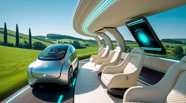 A futuristic self-driving car cruises alongside a passenger area with green landscapes visible.