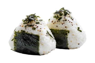 Onigiri with Seaweed and Sesame - Traditional Japanese rice ball wrapped in nori and sprinkled with sesame seeds. Perfect for food design and menu use.