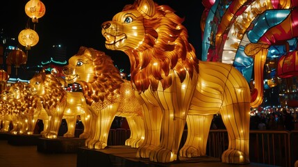 Fototapeta premium Giant glowing animal-shaped lanterns on display at a cultural light festival, no people around