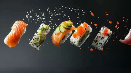 Floating sushi composition with glowing light effects and dark backdrop.