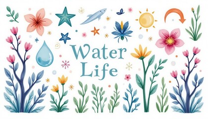 Obraz premium Underwater Watercolor Sticker Set Featuring Aquatic Plants and Creatures Creative Art for Home Decor Ocean Theme