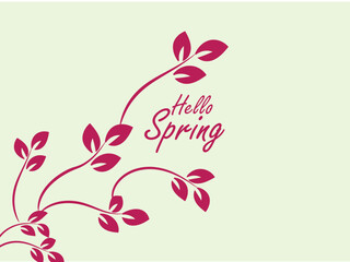 Elegant Hello Spring Design with Pink Leaves and Green Background
