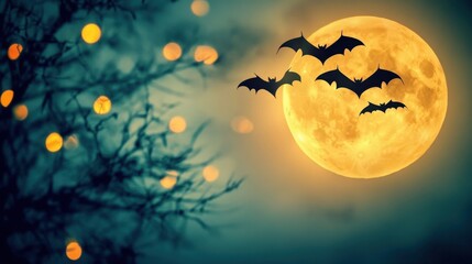 Halloween bats flying across the sky in front of a glowing full moon