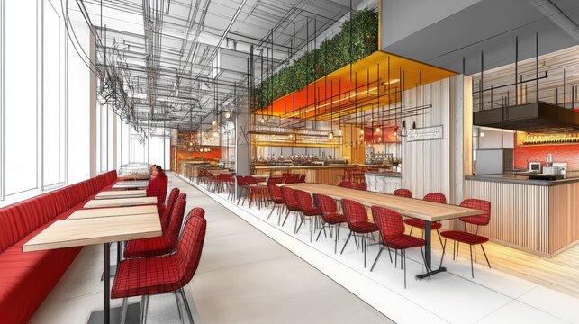 Modern, open-concept eatery design with sketched blueprints.