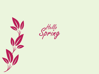 Hello Spring Greeting Card with Pink Leaves and Pastel Green Background