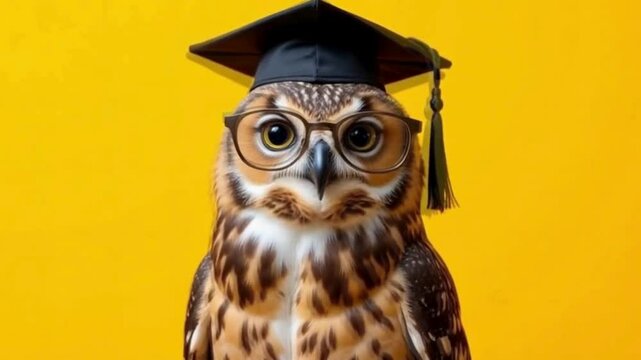 Owl wearing graduation cap and glasses

