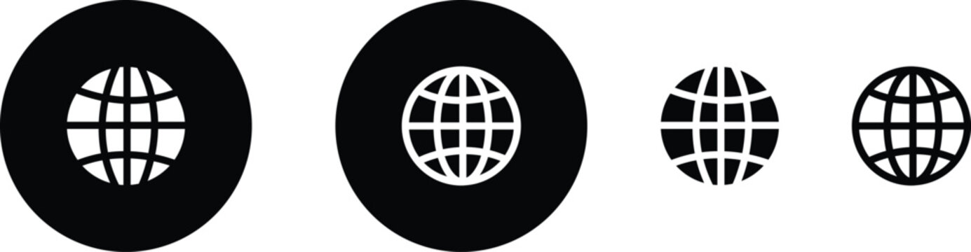 World glob icon set. Globes with world maps symbol. Black internet globe network stroke lines icons isolated on transparent background . Website erath vector.