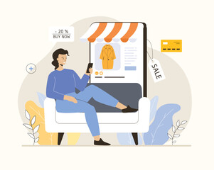 Shopping online. Woman shopping online in mobile app. Ecommerce and retail concept. Flat vector illustration.