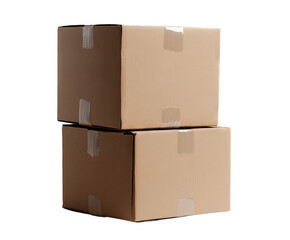 Obraz premium Two brown cardboard boxes are stacked neatly on top of each other. They are placed in a spacious warehouse, with soft lighting enhancing their plain, unbranded appearance