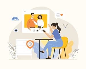 Virtual event. Online conference, friends meeting, video call. Communication through the Internet. Flat vector illustration.