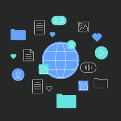 Vector concept of global communication and data sharing. Includes internet globe, documents, media icons, users, and folders. Represents cloud storage, digital interaction, and online content exchange