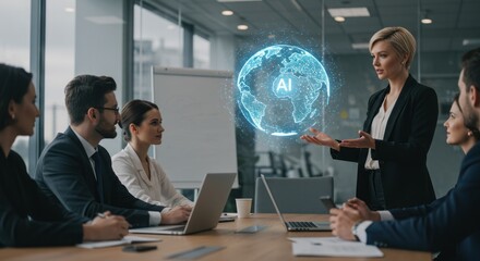 Business meeting with a holographic globe displayed in the center of the table.