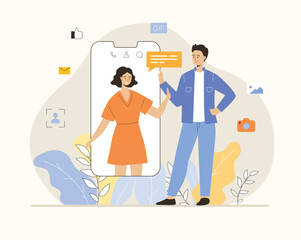 Conference video call, online communication. Man talking with woman online through the phone screen.  Flat vector illustration.