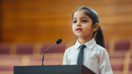 Smart Indian child girl in white shirt and tie, proudly giving a speech at a convention stage, public speaking moment