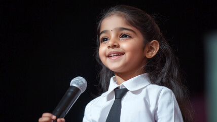 Smart Indian child girl in white shirt and tie, proudly giving a speech at a convention stage, public speaking moment