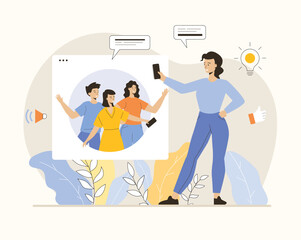 Online meeting, virtual conference. Woman communicates with her friends through a video call on the phone. Flat vector illustration.