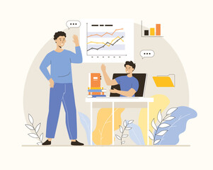 Video conference, online meeting. Men talking and discussing tasks via virtual video chat. Flat vector illustration.