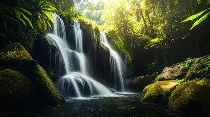 Fototapeta premium Tranquil tropical waterfall in lush jungle