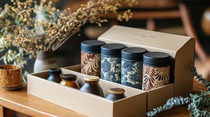 Stylish, artisanal tea tins displayed in a gift box.