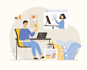 Video call, virtual conference, online communication. Man talking and discussing business tasks via virtual video chat.  Flat vector illustration.
