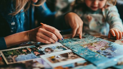 Fototapeta premium Woman and toddler arranging photo album pages.