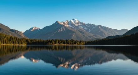 Lake reflects mountain range and forest under a clear blue sky.