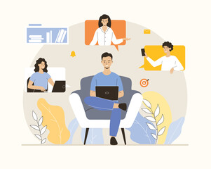 Video conference and call. Online meeting and telecommunication, remote workers and employees. Flat vector illustration.
