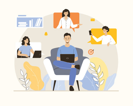 Video conference and call. Online meeting and telecommunication, remote workers and employees. Flat vector illustration.