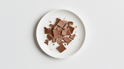 Top view of pieces of chocolate on a white plate, isolated on a background. Flat lay, top view stock photo. Contest winner