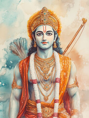 Fototapeta premium Watercolor portrait of Lord Rama in royal attire, standing against a soft pastel background