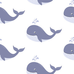 Childish pattern with cute cartoon smiling whale with fountain. Sea background. Vector.	