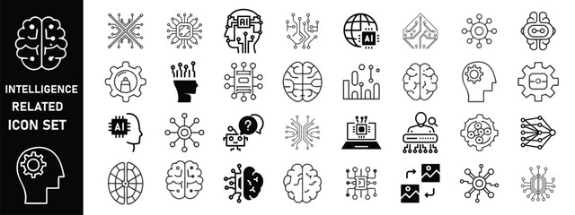 Intelligence related line icon set. Machine learning collection. Mind, ai, brain, network, smart icons. Editable stroke