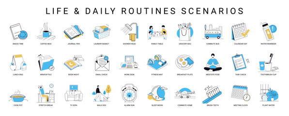 collection icons life daily routines scenarios design templates, Fitness Breakfast plate pose desk mat Work Meditate