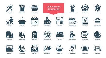life daily routines icon set showcasing activities like walking dog meditating, Stretch Lunch Commute bag Task home check break