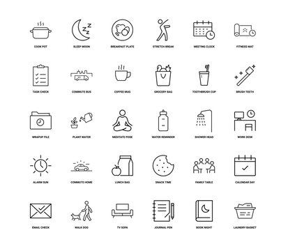 collection line icons daily activities routines promoting organization time management, meals communication commute errands