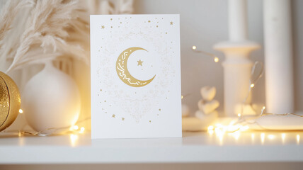 Minimalist Eid greeting card standing on a white shelf with glowing fairy lights, golden crescent and Islamic motifs