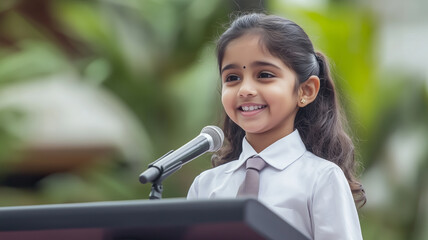 Young Indian girl with a confident smile giving public presentation