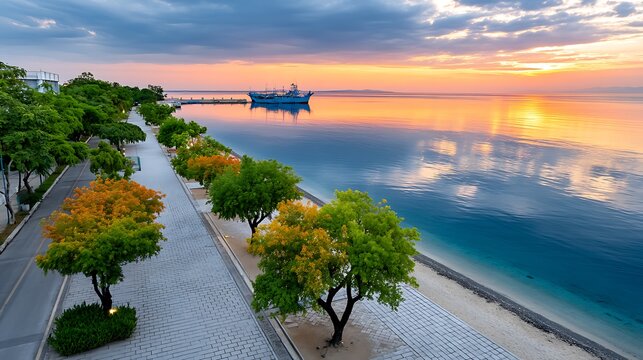 Twilight Drone View of Cebus Bay with Water and Trees Reflection