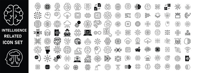 Intelligence related line icon set. Machine learning collection. Mind, ai, brain, network, smart icons. Editable stroke