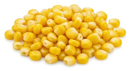 Pile of cooked yellow corn kernels on a white background.