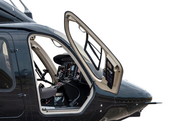 Obraz premium Helicopter used for police and military at the airport with side doors open